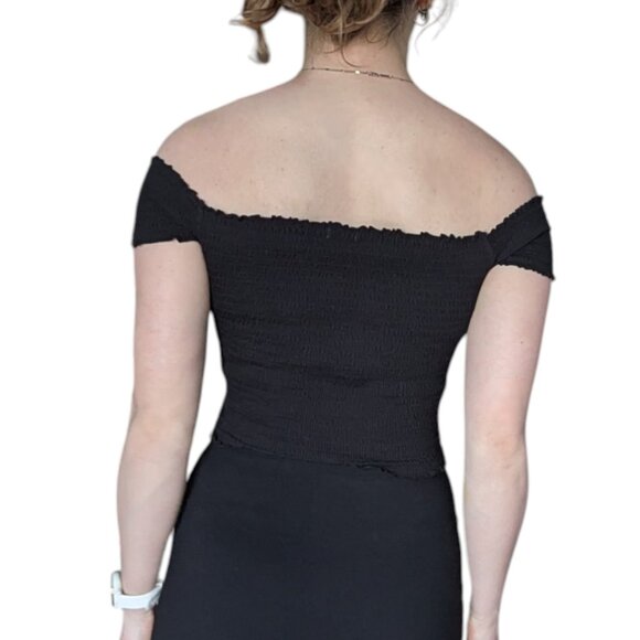 Garage Black Ruffle Hem Ribbed Stretchy Off the Shoulder Crop Top Women Medium - Picture 3 of 10